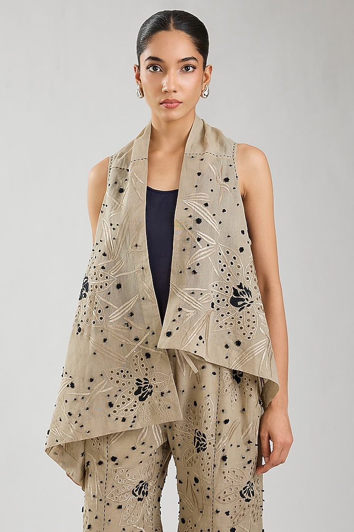 Natural & Black Handloom Cotton Cutwork Front Open Wrap by Peachoo at Pernia's Pop Up Shop