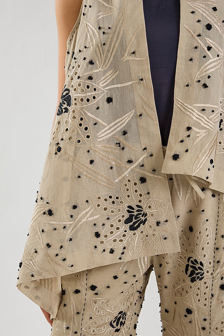 Natural & Black Handloom Cotton Cutwork Front Open Wrap by Peachoo at Pernia's Pop Up Shop