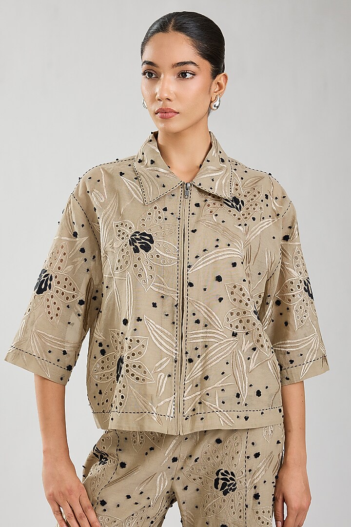 Natural & Black Handloom Cotton Cutwork Jacket by Peachoo at Pernia's Pop Up Shop