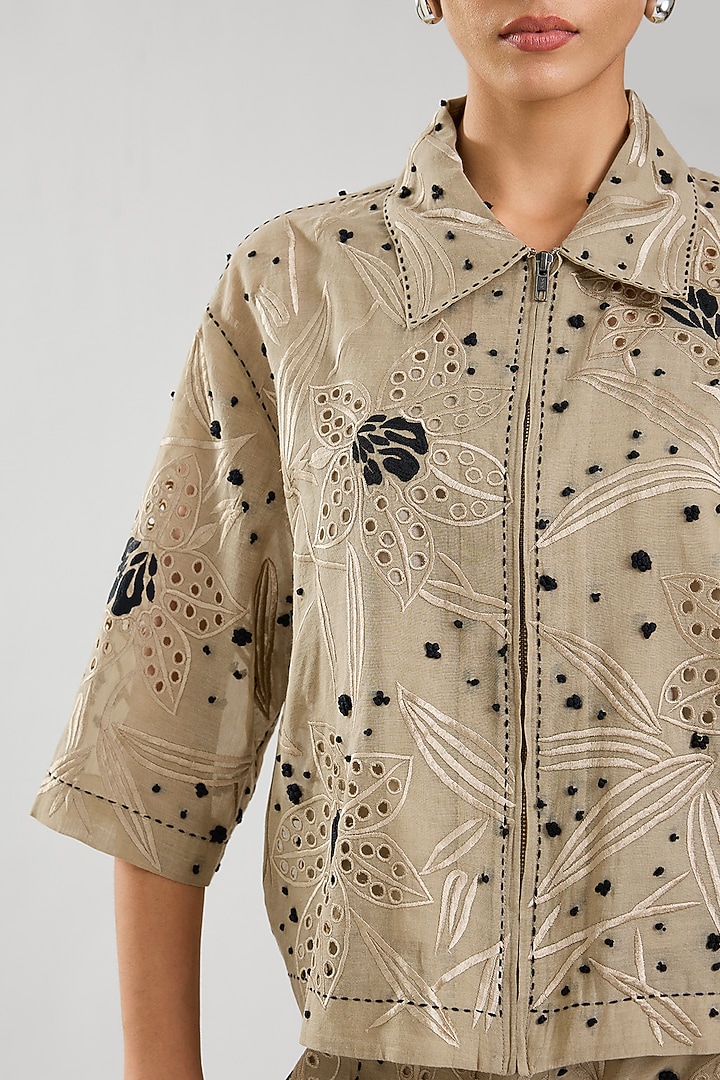 Natural & Black Handloom Cotton Cutwork Jacket by Peachoo at Pernia's Pop Up Shop