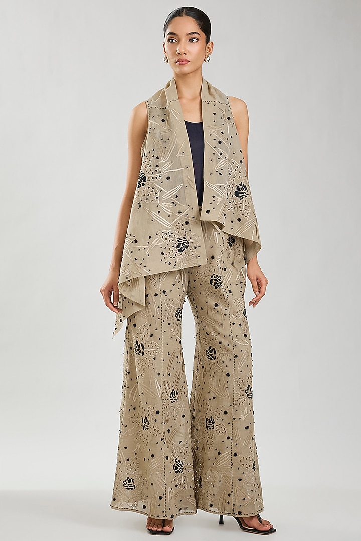 Natural & Black Handloom Cotton Cutwork Palazzo by Peachoo at Pernia's Pop Up Shop