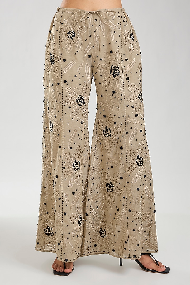 Natural & Black Handloom Cotton Cutwork Palazzo by Peachoo at Pernia's Pop Up Shop