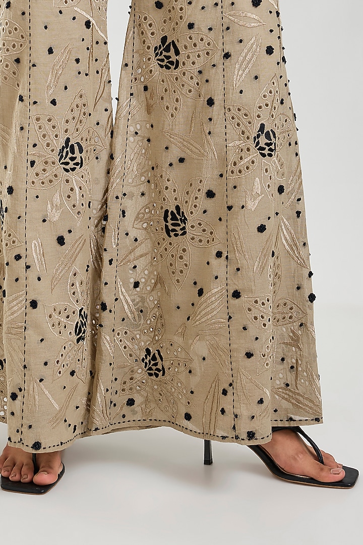 Natural & Black Handloom Cotton Cutwork Palazzo by Peachoo at Pernia's Pop Up Shop