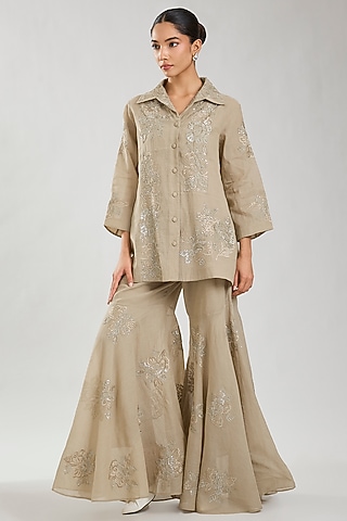 Natural Handloom Cotton Thread & Sequins Embroidered Jacket by Peachoo