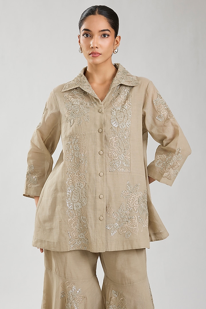 Natural Handloom Cotton Thread & Sequins Embroidered Jacket by Peachoo at Pernia's Pop Up Shop