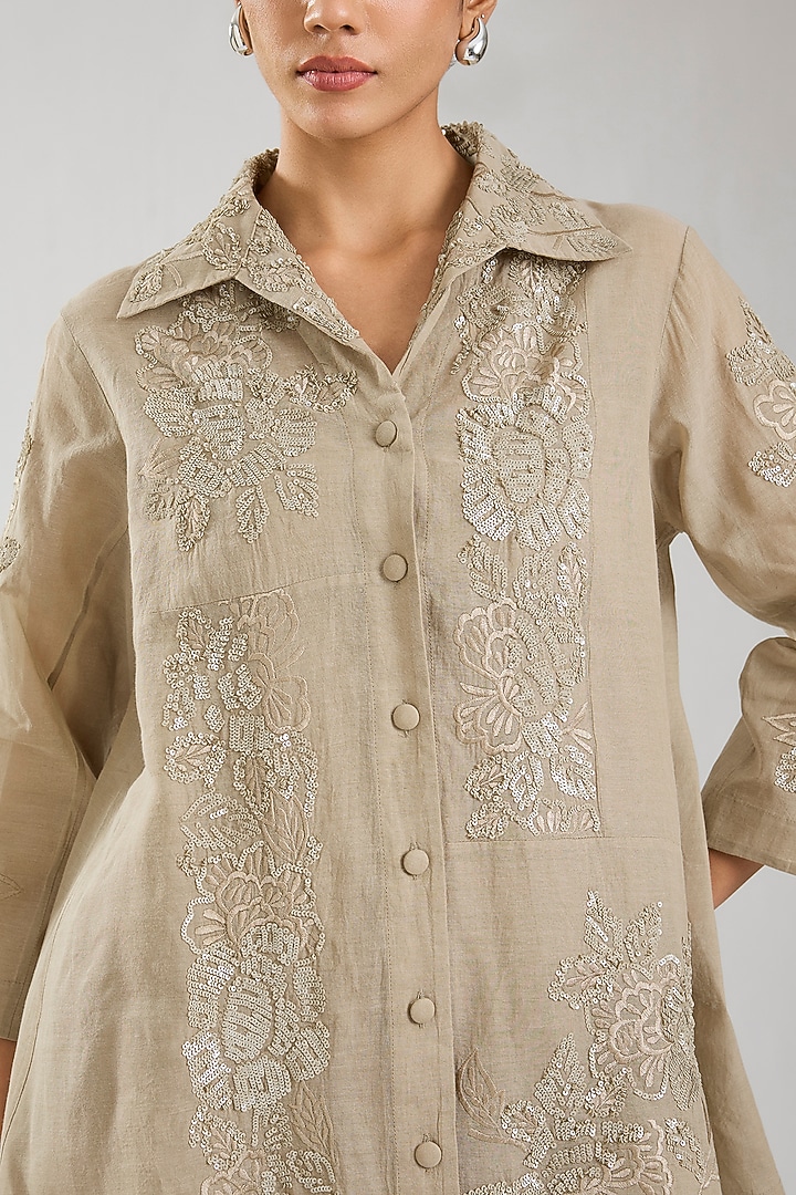 Natural Handloom Cotton Thread & Sequins Embroidered Jacket by Peachoo at Pernia's Pop Up Shop