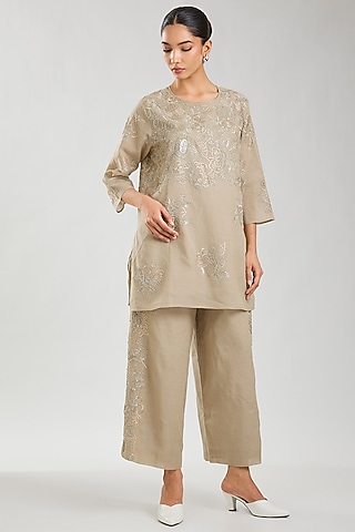Natural Handloom Cotton Thread & Sequins Embroidered Pants by Peachoo