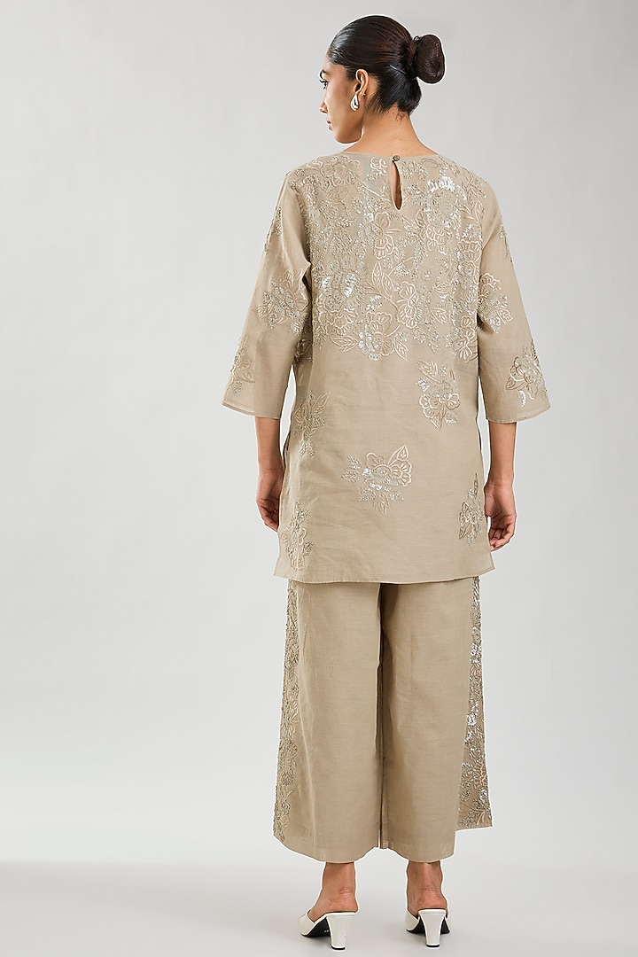 Natural Handloom Cotton Thread & Sequins Embroidered Pants by Peachoo at Pernia's Pop Up Shop