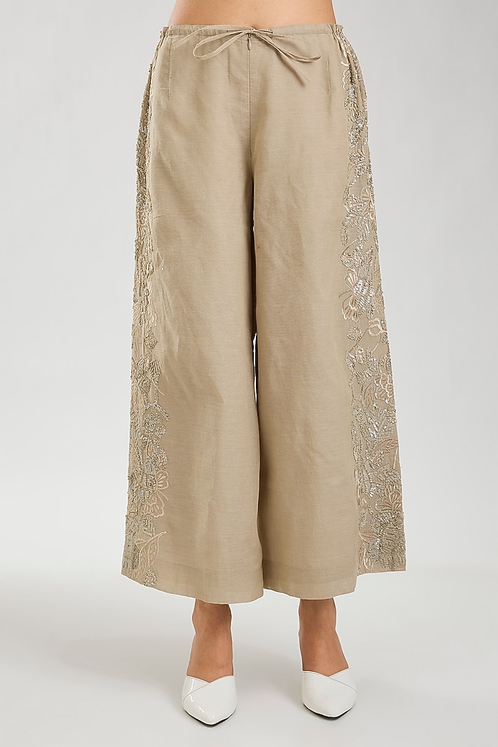 Natural Handloom Cotton Thread & Sequins Embroidered Pants by Peachoo at Pernia's Pop Up Shop