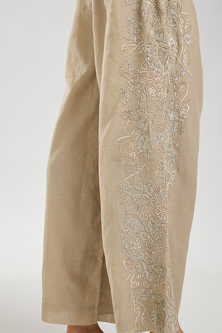 Natural Handloom Cotton Thread & Sequins Embroidered Pants by Peachoo at Pernia's Pop Up Shop