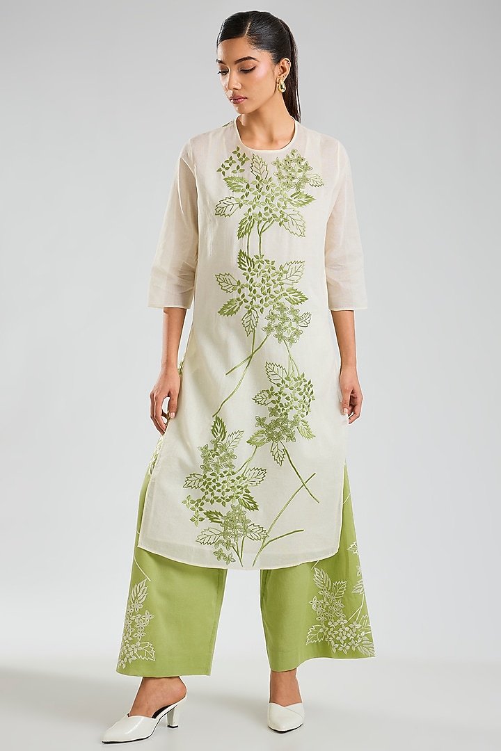 Ecru & Grass Green Handloom Cotton Cutwork Embroidered Kurta by Peachoo at Pernia's Pop Up Shop