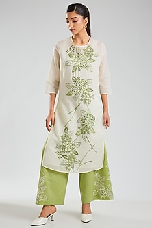 Ecru & Grass Green Handloom Cotton Cutwork Embroidered Kurta by Peachoo-POPULAR PRODUCTS AT STORE