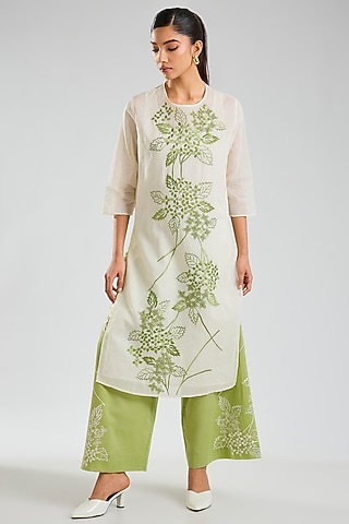 Ecru & Grass Green Handloom Cotton Cutwork Embroidered Kurta by Peachoo