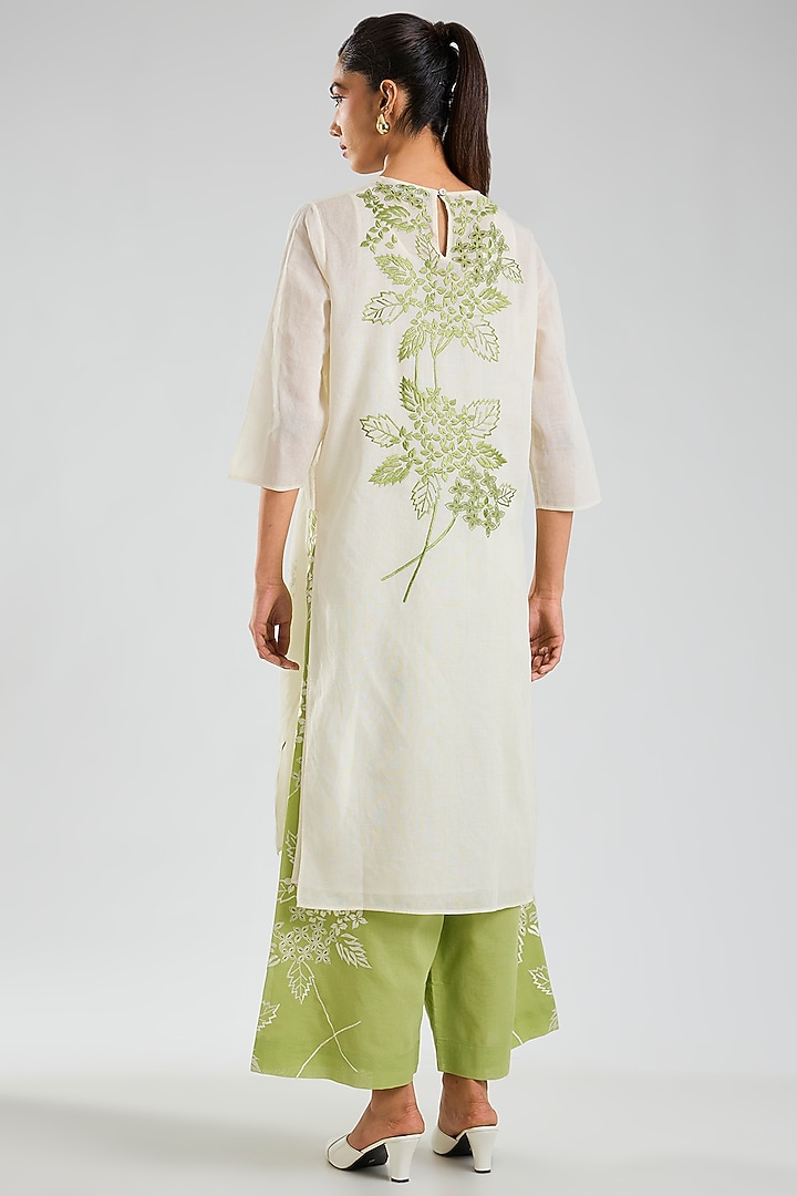 Ecru & Grass Green Handloom Cotton Cutwork Embroidered Kurta by Peachoo at Pernia's Pop Up Shop