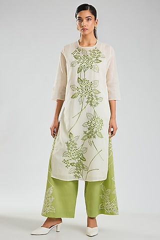 Grass Green Handloom Cotton Cutwork Embroidered Pants by Peachoo