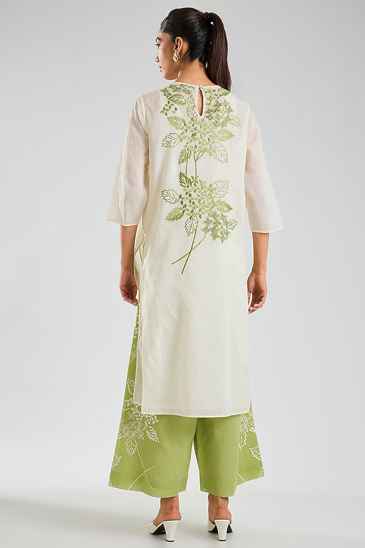 Grass Green Handloom Cotton Cutwork Embroidered Pants by Peachoo at Pernia's Pop Up Shop