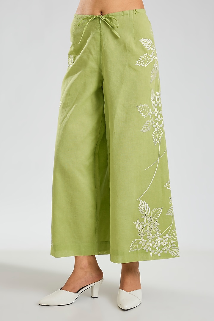 Grass Green Handloom Cotton Cutwork Embroidered Pants by Peachoo at Pernia's Pop Up Shop