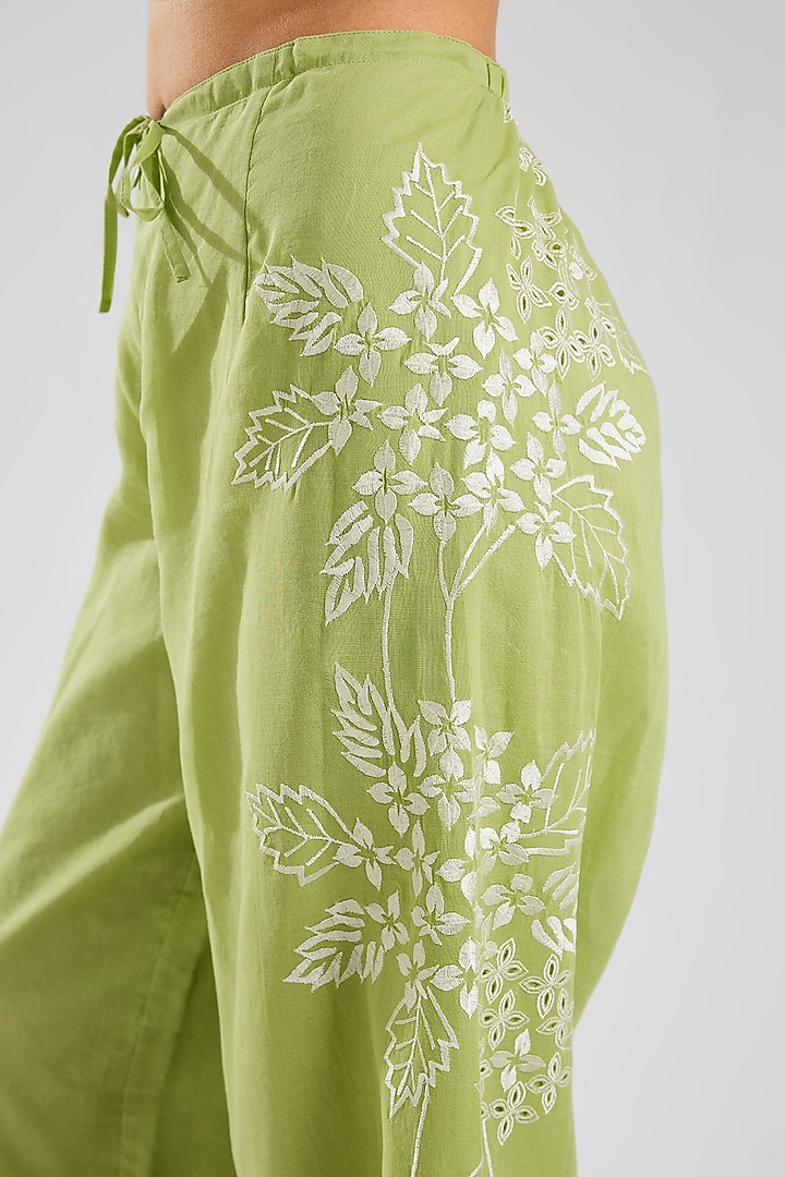 Grass Green Handloom Cotton Cutwork Embroidered Pants by Peachoo at Pernia's Pop Up Shop