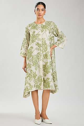 Ecru & Green Handloom Cotton Cutwork Jacket by Peachoo