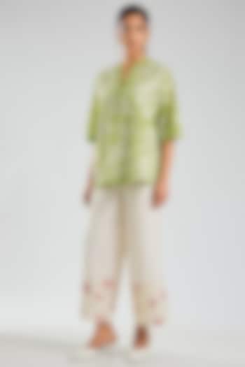 Grass Green & Ecru Handloom Cotton Cutwork Embroidered Top by Peachoo at Pernia's Pop Up Shop