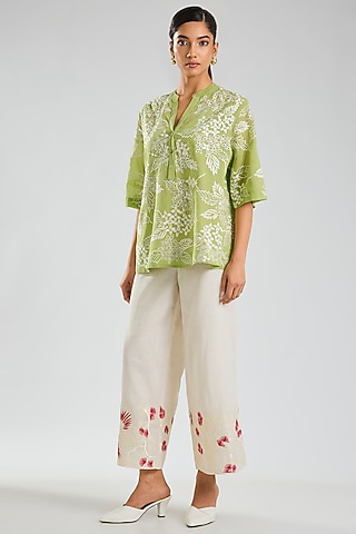 Grass Green & Ecru Handloom Cotton Cutwork Embroidered Top by Peachoo