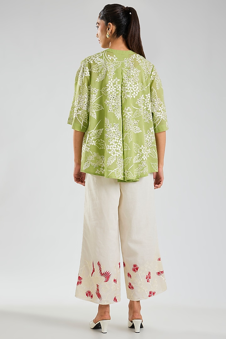 Grass Green & Ecru Handloom Cotton Cutwork Embroidered Top by Peachoo at Pernia's Pop Up Shop