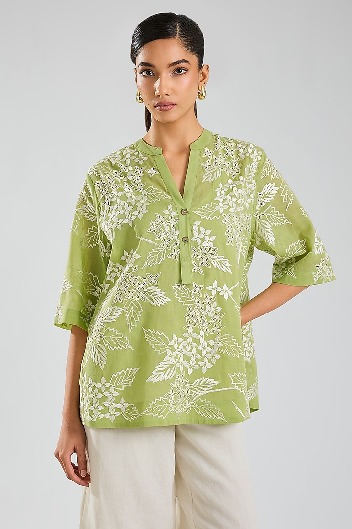 Grass Green & Ecru Handloom Cotton Cutwork Embroidered Top by Peachoo at Pernia's Pop Up Shop