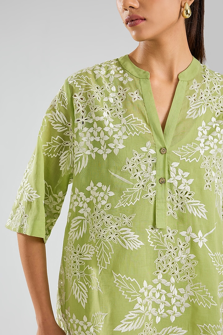 Grass Green & Ecru Handloom Cotton Cutwork Embroidered Top by Peachoo at Pernia's Pop Up Shop