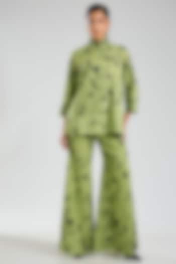 Grass Green & Indigo Handloom Cotton Thread Embroidered Jacket by Peachoo at Pernia's Pop Up Shop