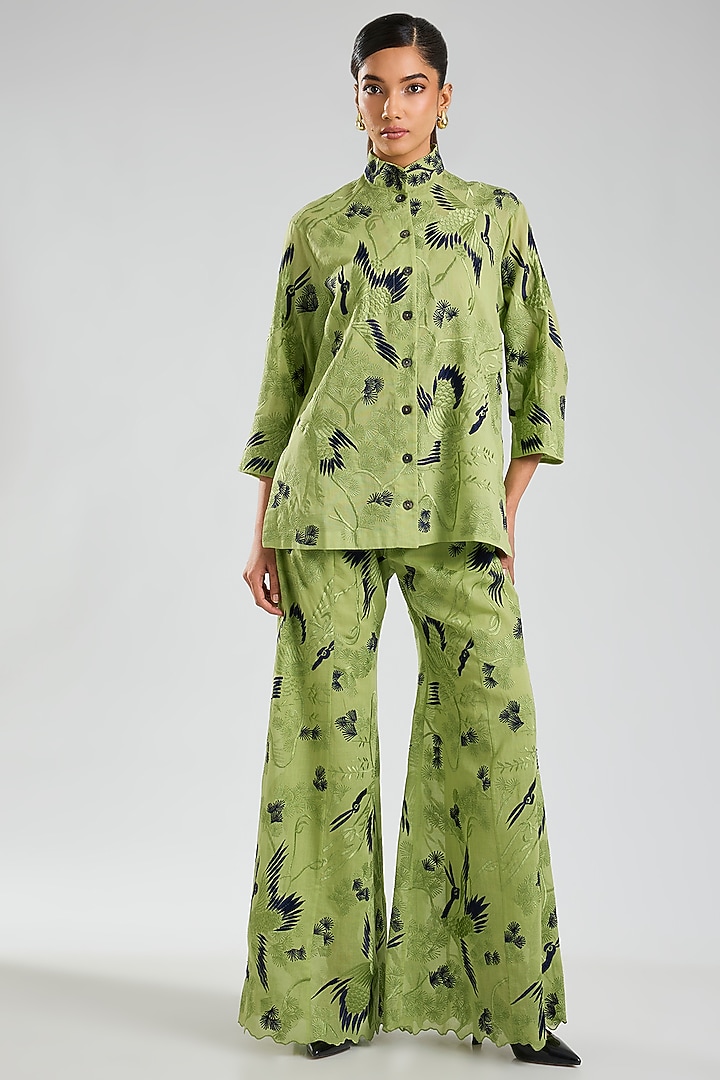 Grass Green & Indigo Handloom Cotton Thread Embroidered Jacket by Peachoo at Pernia's Pop Up Shop