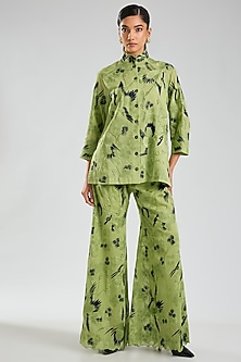 Grass Green & Indigo Handloom Cotton Thread Embroidered Jacket by Peachoo-POPULAR PRODUCTS AT STORE