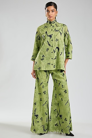Grass Green & Indigo Handloom Cotton Thread Embroidered Jacket by Peachoo