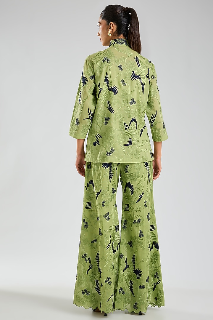 Grass Green & Indigo Handloom Cotton Thread Embroidered Jacket by Peachoo at Pernia's Pop Up Shop