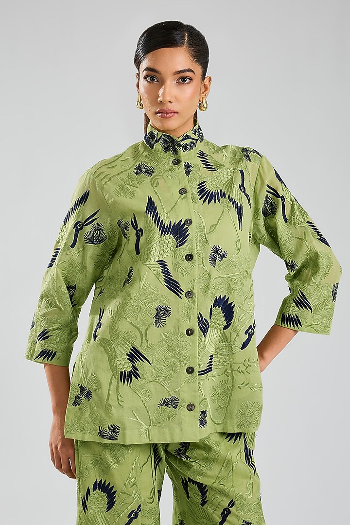 Grass Green & Indigo Handloom Cotton Thread Embroidered Jacket by Peachoo at Pernia's Pop Up Shop