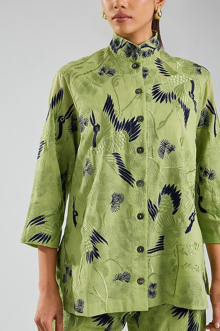 Grass Green & Indigo Handloom Cotton Thread Embroidered Jacket by Peachoo at Pernia's Pop Up Shop