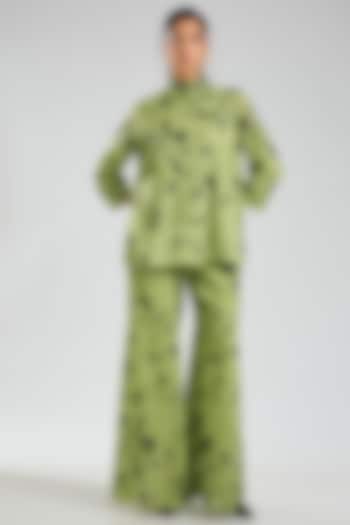 Grass Green & Indigo Handloom Cotton Thread Embroidered Flared Pants by Peachoo at Pernia's Pop Up Shop