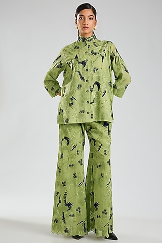 Grass Green & Indigo Handloom Cotton Thread Embroidered Flared Pants by Peachoo