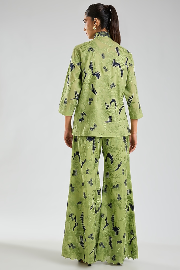 Grass Green & Indigo Handloom Cotton Thread Embroidered Flared Pants by Peachoo at Pernia's Pop Up Shop