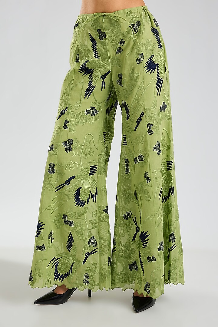 Grass Green & Indigo Handloom Cotton Thread Embroidered Flared Pants by Peachoo at Pernia's Pop Up Shop