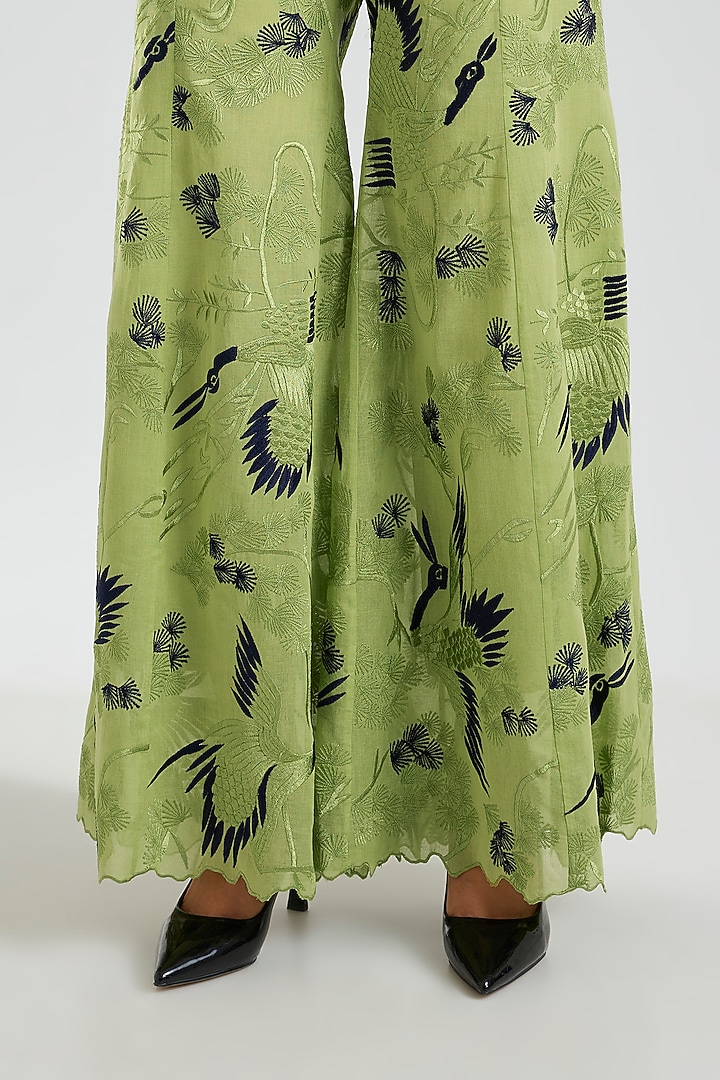 Grass Green & Indigo Handloom Cotton Thread Embroidered Flared Pants by Peachoo at Pernia's Pop Up Shop