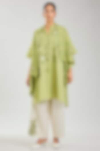 Ecru & Green Handloom Cotton Cutwork Front Open Wrap Top by Peachoo at Pernia's Pop Up Shop