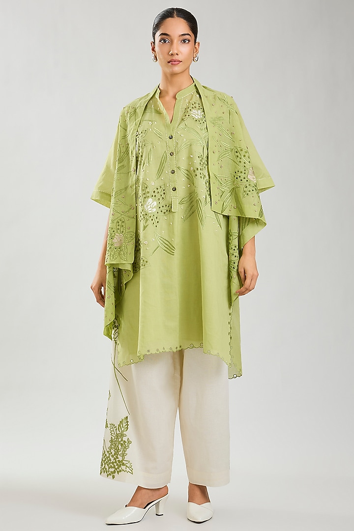Ecru & Green Handloom Cotton Cutwork Front Open Wrap Top by Peachoo at Pernia's Pop Up Shop