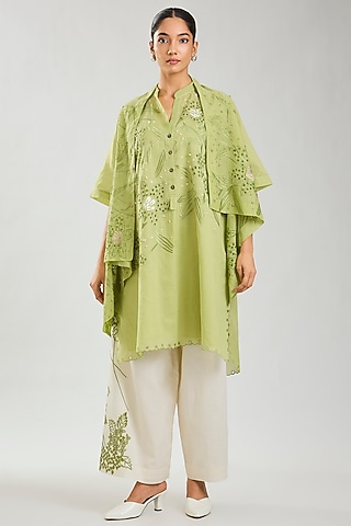 Ecru & Green Handloom Cotton Cutwork Front Open Wrap Top by Peachoo