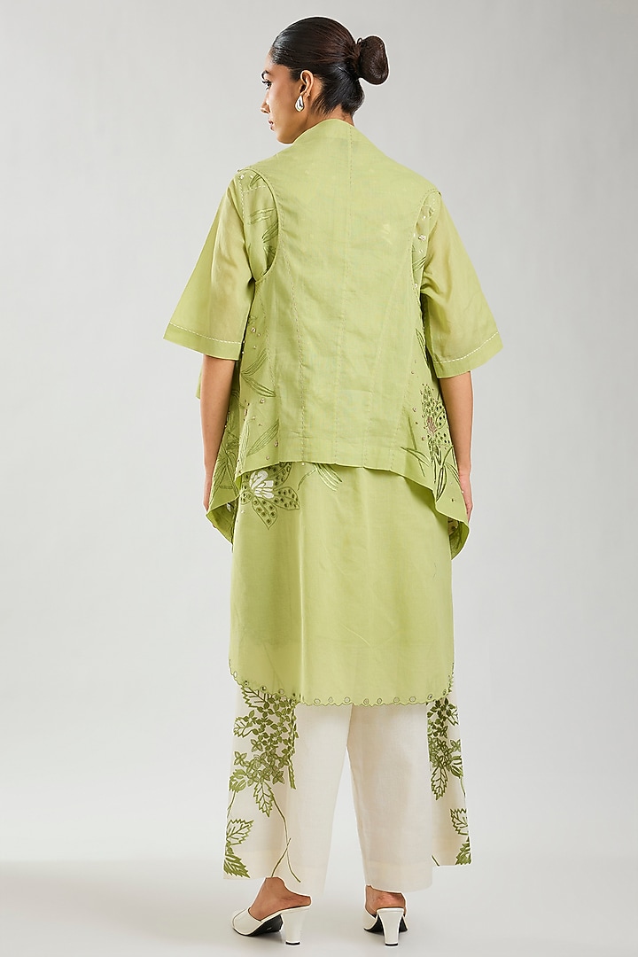 Ecru & Green Handloom Cotton Cutwork Front Open Wrap Top by Peachoo at Pernia's Pop Up Shop