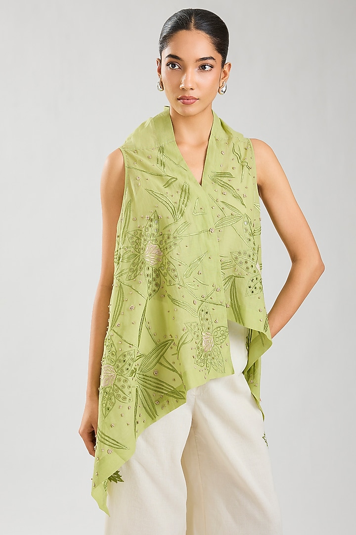 Ecru & Green Handloom Cotton Cutwork Front Open Wrap Top by Peachoo at Pernia's Pop Up Shop