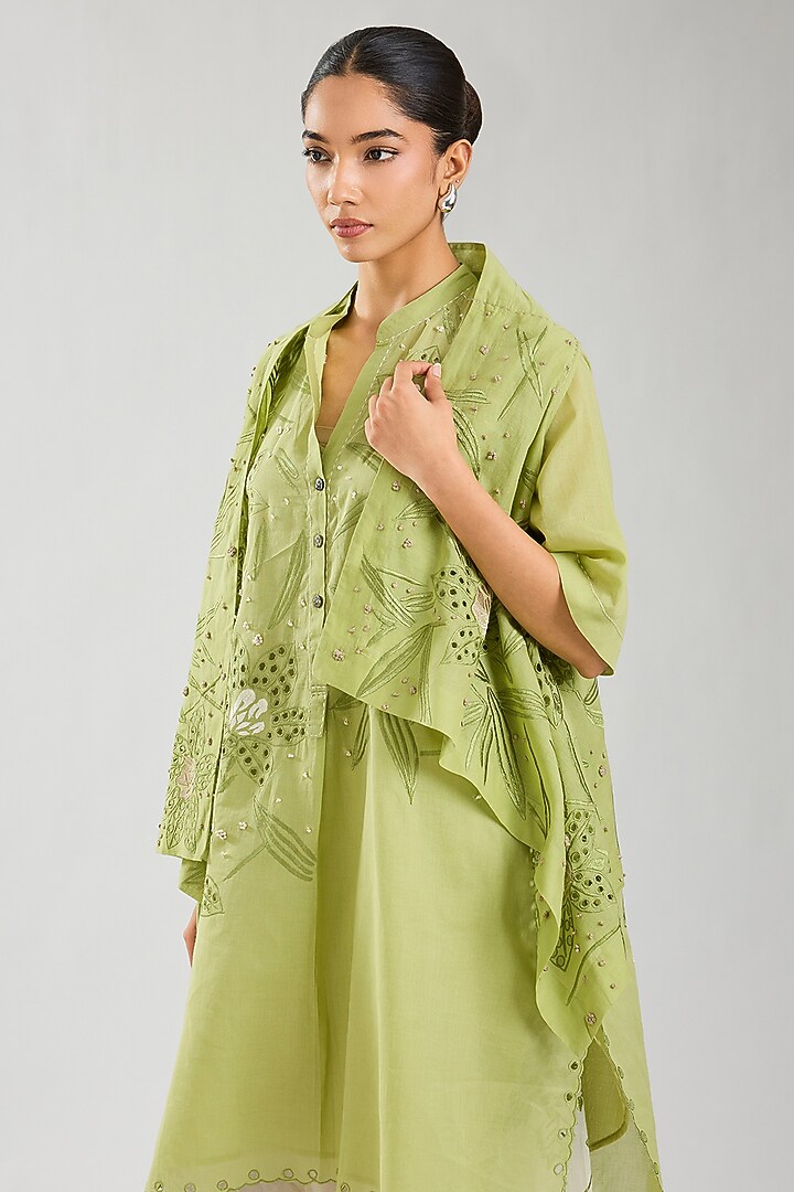 Ecru & Green Handloom Cotton Cutwork Front Open Wrap Top by Peachoo at Pernia's Pop Up Shop