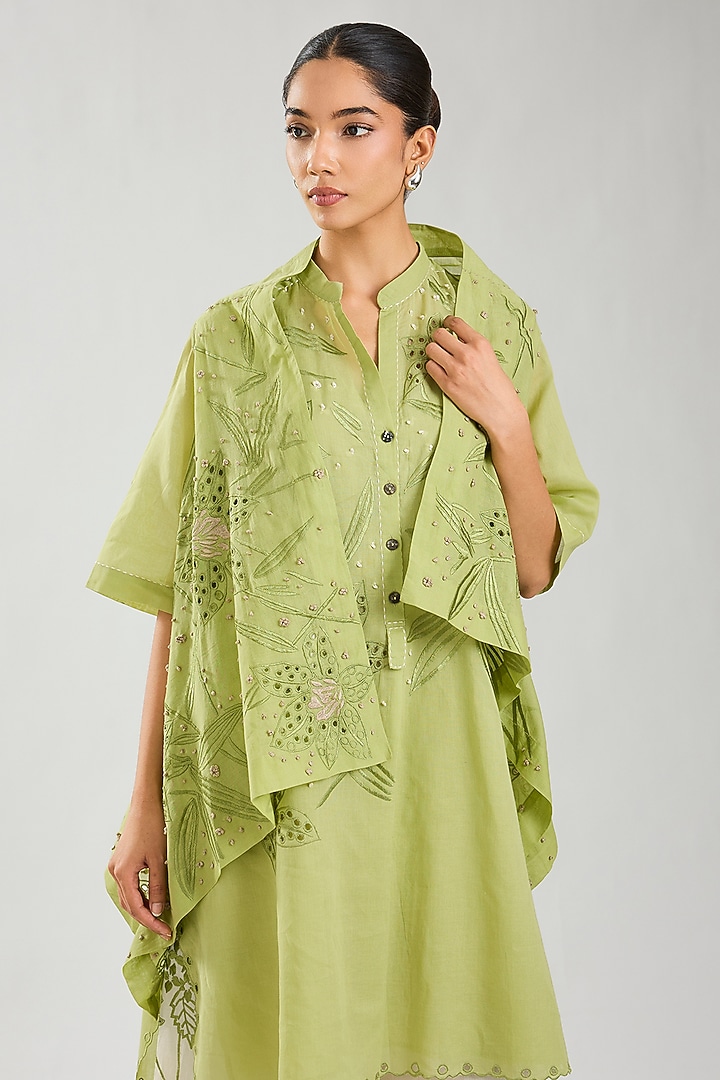 Ecru & Green Handloom Cotton Cutwork Front Open Wrap Top by Peachoo at Pernia's Pop Up Shop