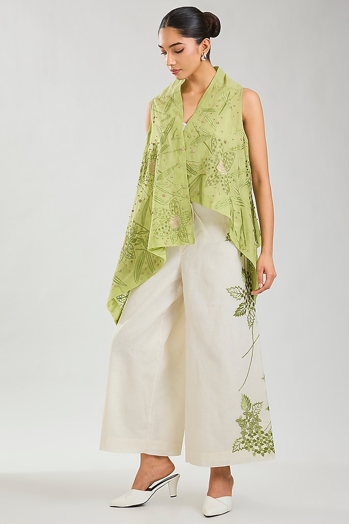 Ecru & Green Handloom Cotton Cutwork Front Open Wrap Top by Peachoo at Pernia's Pop Up Shop