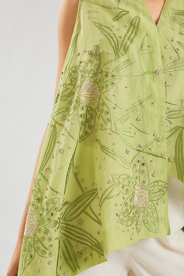 Ecru & Green Handloom Cotton Cutwork Front Open Wrap Top by Peachoo at Pernia's Pop Up Shop