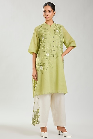 Ecru & Green Handloom Cotton Cutwork Tunic by Peachoo